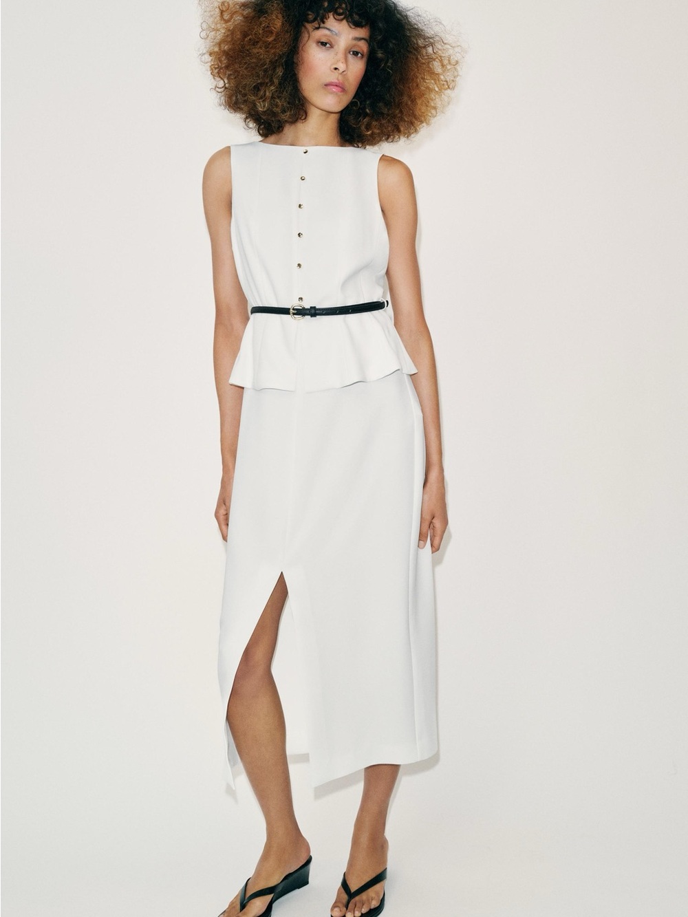 Zara White Sleeveless Peplum Midi Dress with Black Belt